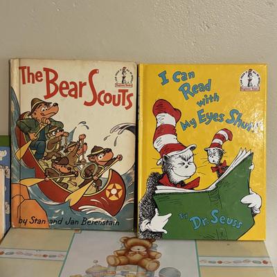 LOT 218: Hallmark Baby's Keepsake Serving Set, Vintage Books including Dr. Suess, Berstein Bears, Little Golden Books & Pink...