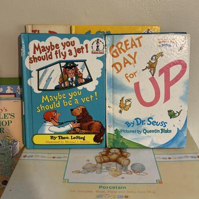 LOT 218: Hallmark Baby's Keepsake Serving Set, Vintage Books including Dr. Suess, Berstein Bears, Little Golden Books & Pink...