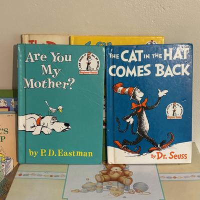 LOT 218: Hallmark Baby's Keepsake Serving Set, Vintage Books including Dr. Suess, Berstein Bears, Little Golden Books & Pink...