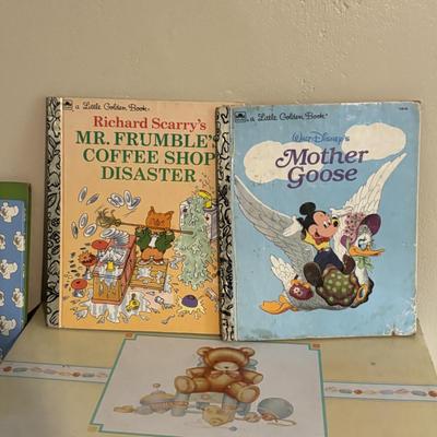 LOT 218: Hallmark Baby's Keepsake Serving Set, Vintage Books including Dr. Suess, Berstein Bears, Little Golden Books & Pink...