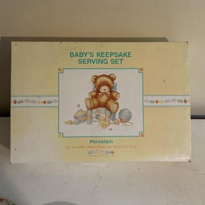 LOT 218: Hallmark Baby's Keepsake Serving Set, Vintage Books including Dr. Suess, Berstein Bears, Little Golden Books & Pink...