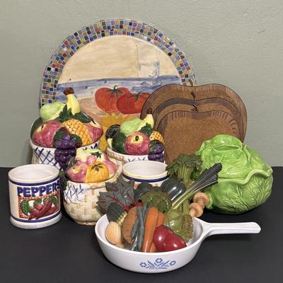 LOT 220: Fruit & Veggie Kitchen Collection: Home Interiors Vegetable Plaques, Apple Hot Plates Fruit Canisters, Holland Mold Ceramic...