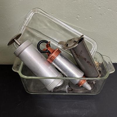 LOT 221: Kitchen Collection: New Coca-Cola Juice Glasses, Vintage Cookie Press/Cake Decorator, Pottery Condiment Set, Steak Knives...