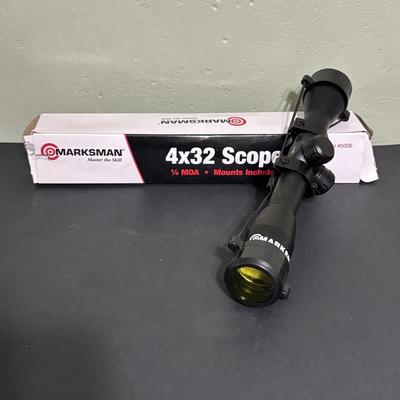 LOT 222: Mossy Oak (XL) Camo Shirt, Outers Shotgun Cleaning Kit, Marksman 4x32 Scope & Primos Trigger Stick Gen2 Jim Shockey Edition