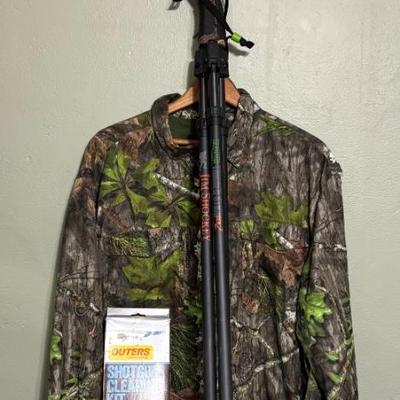 LOT 222: Mossy Oak (XL) Camo Shirt, Outers Shotgun Cleaning Kit, Marksman 4x32 Scope & Primos Trigger Stick Gen2 Jim Shockey Edition