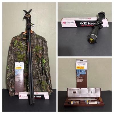 LOT 222: Mossy Oak (XL) Camo Shirt, Outers Shotgun Cleaning Kit, Marksman 4x32 Scope & Primos Trigger Stick Gen2 Jim Shockey Edition