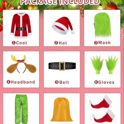 Size 3XL - 9-Piece Deluxe Adult Grinch Christmas Costume w/Santa Claus Suit Furry Xmas Outfit Halloween w/Mask