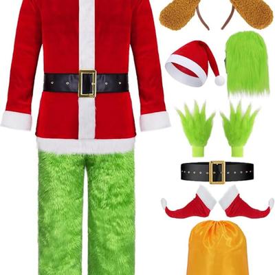 Size 3XL - 9-Piece Deluxe Adult Grinch Christmas Costume w/Santa Claus Suit Furry Xmas Outfit Halloween w/Mask