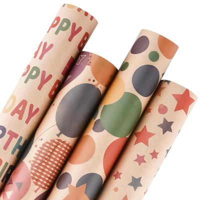Colorful Kraft Birthday Gift Wrapping Paper, 17" x 120" Per Roll, Happy Birthday Letter, Balloons, Stars, Colorful Dots