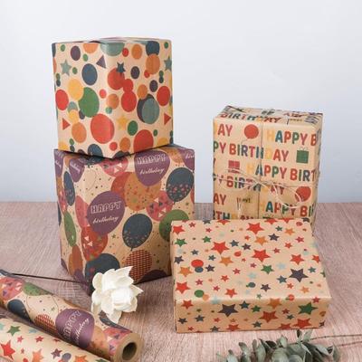 Colorful Kraft Birthday Gift Wrapping Paper, 17" x 120" Per Roll, Happy Birthday Letter, Balloons, Stars, Colorful Dots