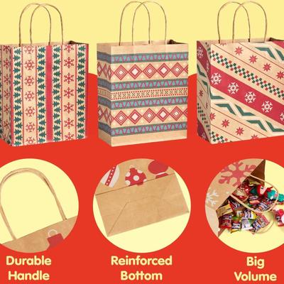 24-Pack Christmas Kraft Gift Bags - Paper Gift Bags, Goody Bags, Xmas Gift Bags, Classrooms & Party Favors - (9 x 7.3 x 3.3)