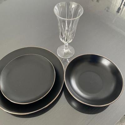 Thyme & Table black with gold rim dinner set with glass goblets