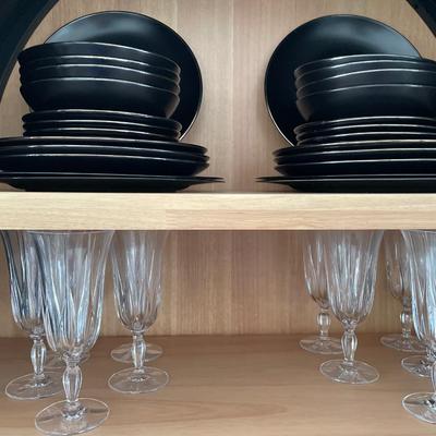 Thyme & Table black with gold rim dinner set with glass goblets