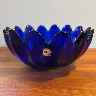 Blenko Hand Made Cobalt Blue Art Glass Petal Bowl