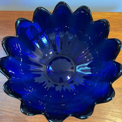 Blenko Hand Made Cobalt Blue Art Glass Petal Bowl
