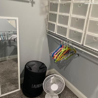 Master bedroom closet accessories and fan
