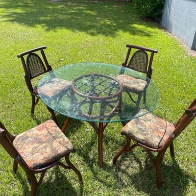 Vintage Bamboo Glass Top Dining Table and Chairs