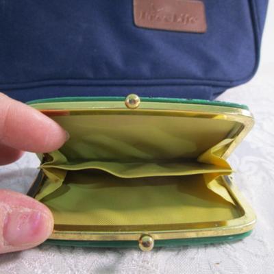 New Canvas briefcase, 2 vintage change purses
