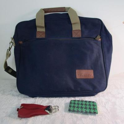 New Canvas briefcase, 2 vintage change purses