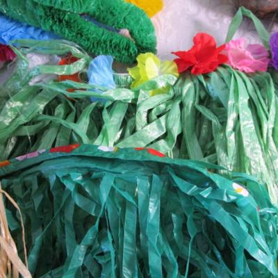 5 grass skirts (made of plastic), 22 plastic leis