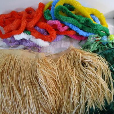 5 grass skirts (made of plastic), 22 plastic leis