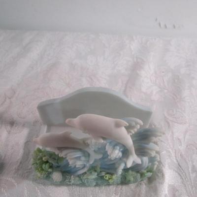 Vintage ceramic 4 coaster set with dolphins on waves holder