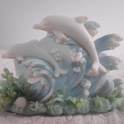Vintage ceramic 4 coaster set with dolphins on waves holder
