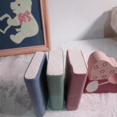Wood dolly & books, wood birdhouse & candle holder, bear picture