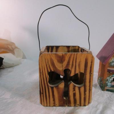 Wood dolly & books, wood birdhouse & candle holder, bear picture