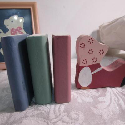 Wood dolly & books, wood birdhouse & candle holder, bear picture