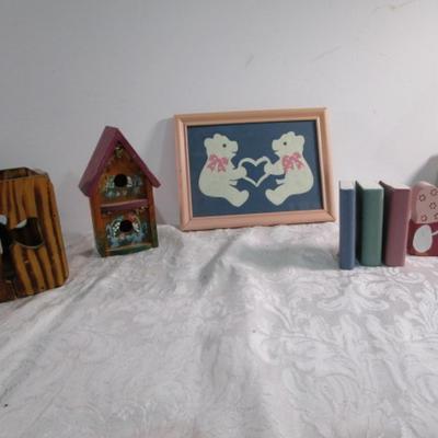 Wood dolly & books, wood birdhouse & candle holder, bear picture