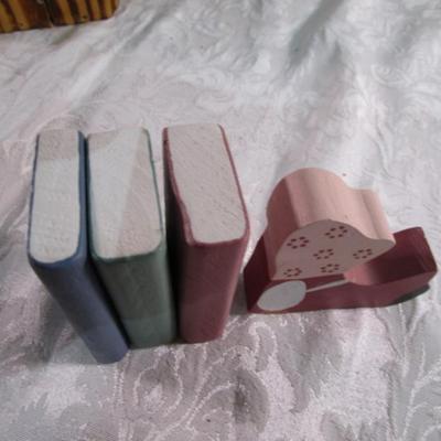Wood dolly & books, wood birdhouse & candle holder, bear picture