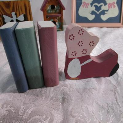 Wood dolly & books, wood birdhouse & candle holder, bear picture