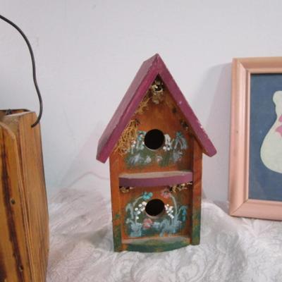Wood dolly & books, wood birdhouse & candle holder, bear picture
