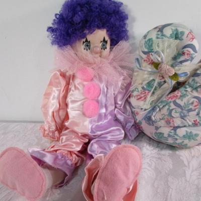 Porcelain clown, stuffed animals, hearts & swan, Eskimo doll