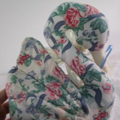 Porcelain clown, stuffed animals, hearts & swan, Eskimo doll