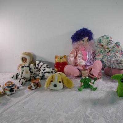 Porcelain clown, stuffed animals, hearts & swan, Eskimo doll