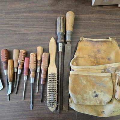 Vintage Wood Handle Tool Lot – Screwdrivers, Files, Brush & Leather Pouch