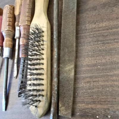 Vintage Wood Handle Tool Lot – Screwdrivers, Files, Brush & Leather Pouch