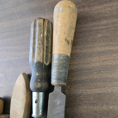 Vintage Wood Handle Tool Lot – Screwdrivers, Files, Brush & Leather Pouch
