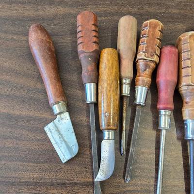 Vintage Wood Handle Tool Lot – Screwdrivers, Files, Brush & Leather Pouch