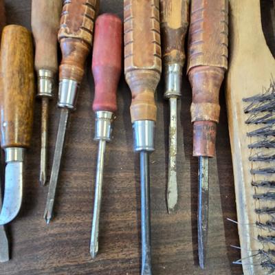 Vintage Wood Handle Tool Lot – Screwdrivers, Files, Brush & Leather Pouch