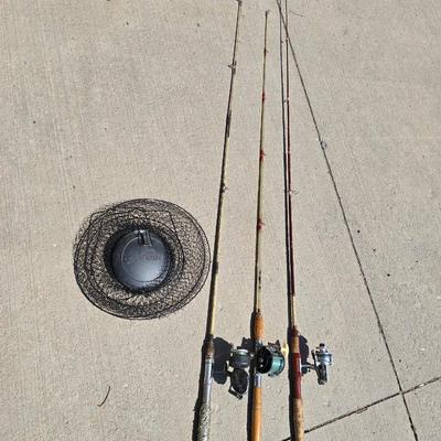 3 Vintage Fishing Rods with Reels + Wire Fish Basket