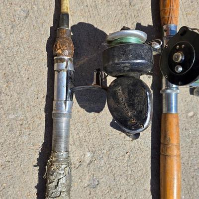 3 Vintage Fishing Rods with Reels + Wire Fish Basket