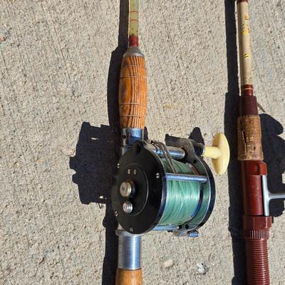 3 Vintage Fishing Rods with Reels + Wire Fish Basket