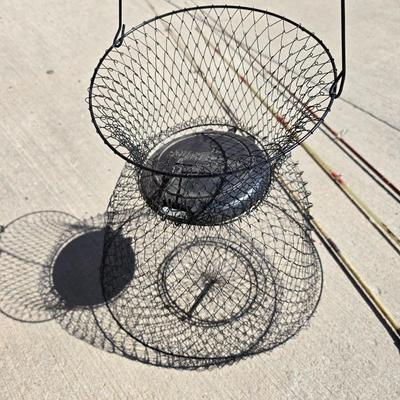 3 Vintage Fishing Rods with Reels + Wire Fish Basket