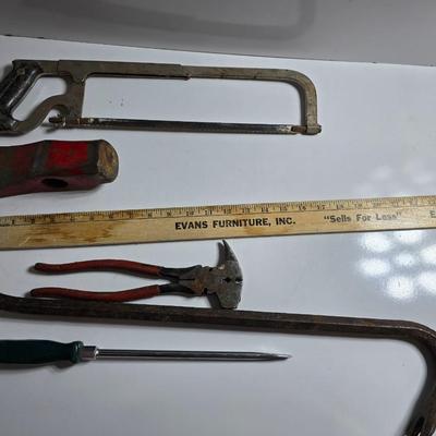 Mixed Hand Tool Lot – Axe Head, Hacksaw, Pry Bars, and More