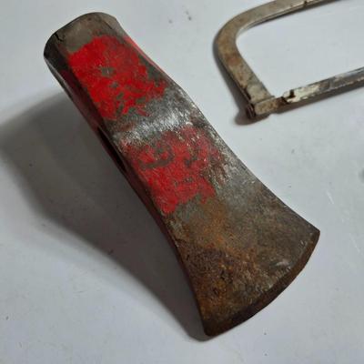 Mixed Hand Tool Lot – Axe Head, Hacksaw, Pry Bars, and More