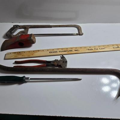 Mixed Hand Tool Lot – Axe Head, Hacksaw, Pry Bars, and More