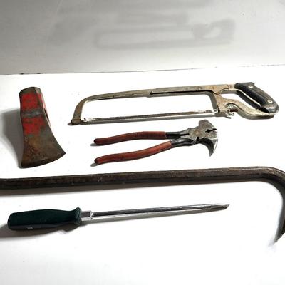 Mixed Hand Tool Lot – Axe Head, Hacksaw, Pry Bars, and More
